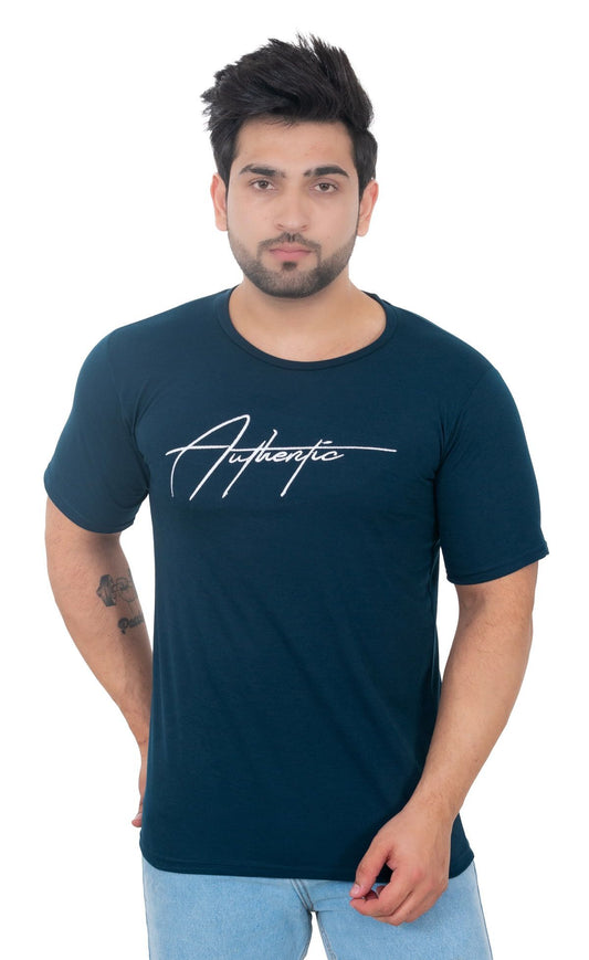 Men Round Neck Blue T-Shirt