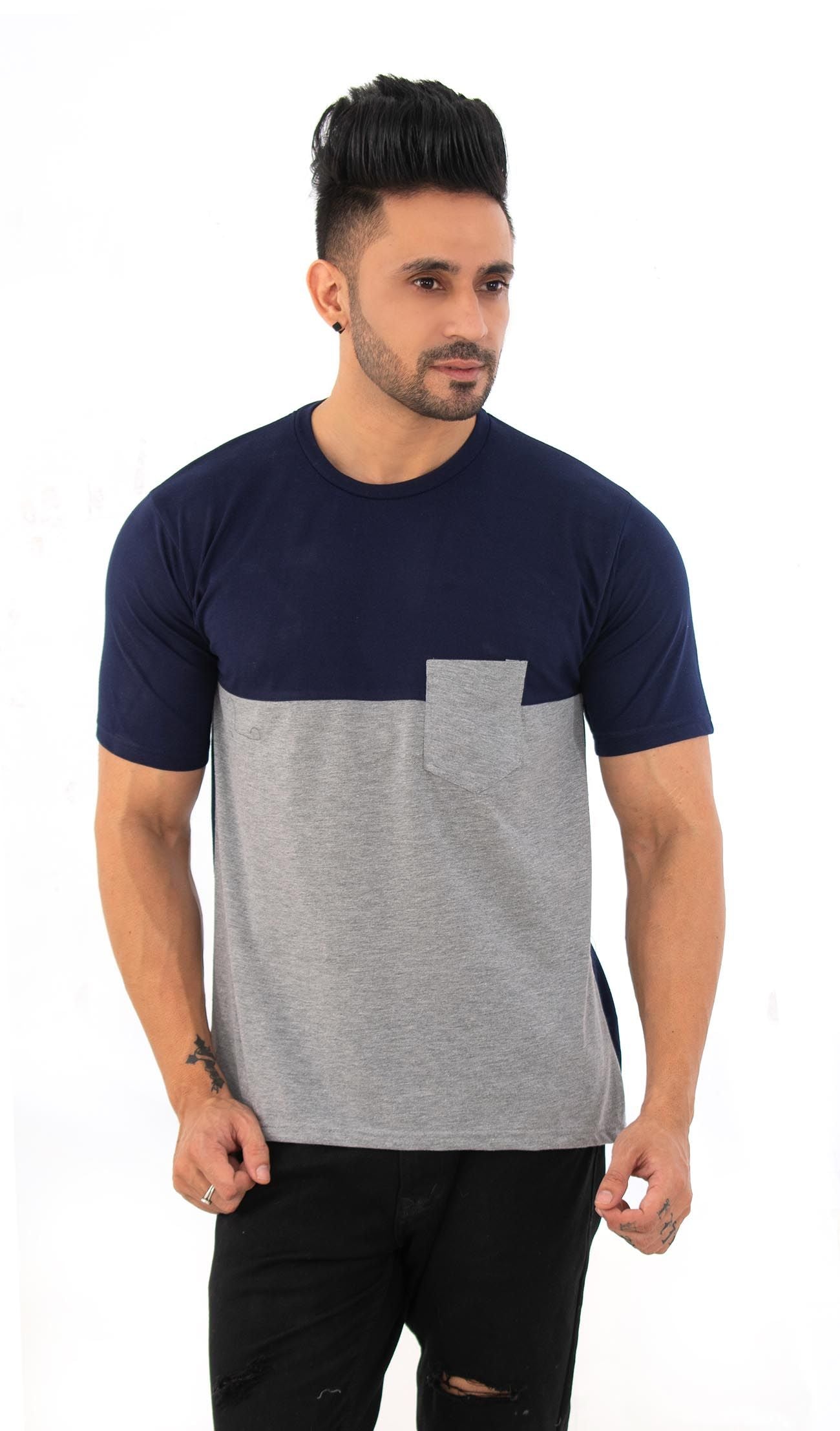 Men Round Neck Blue T-Shirt