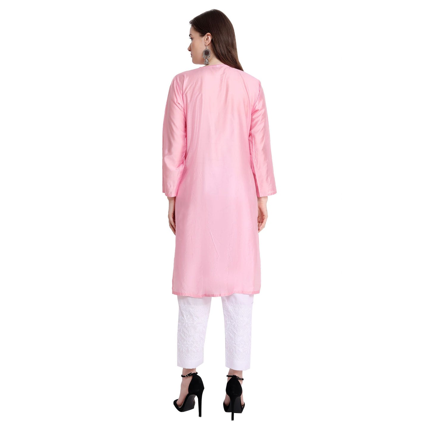 Women Chikankari Chanderi Silk Straght Kurti