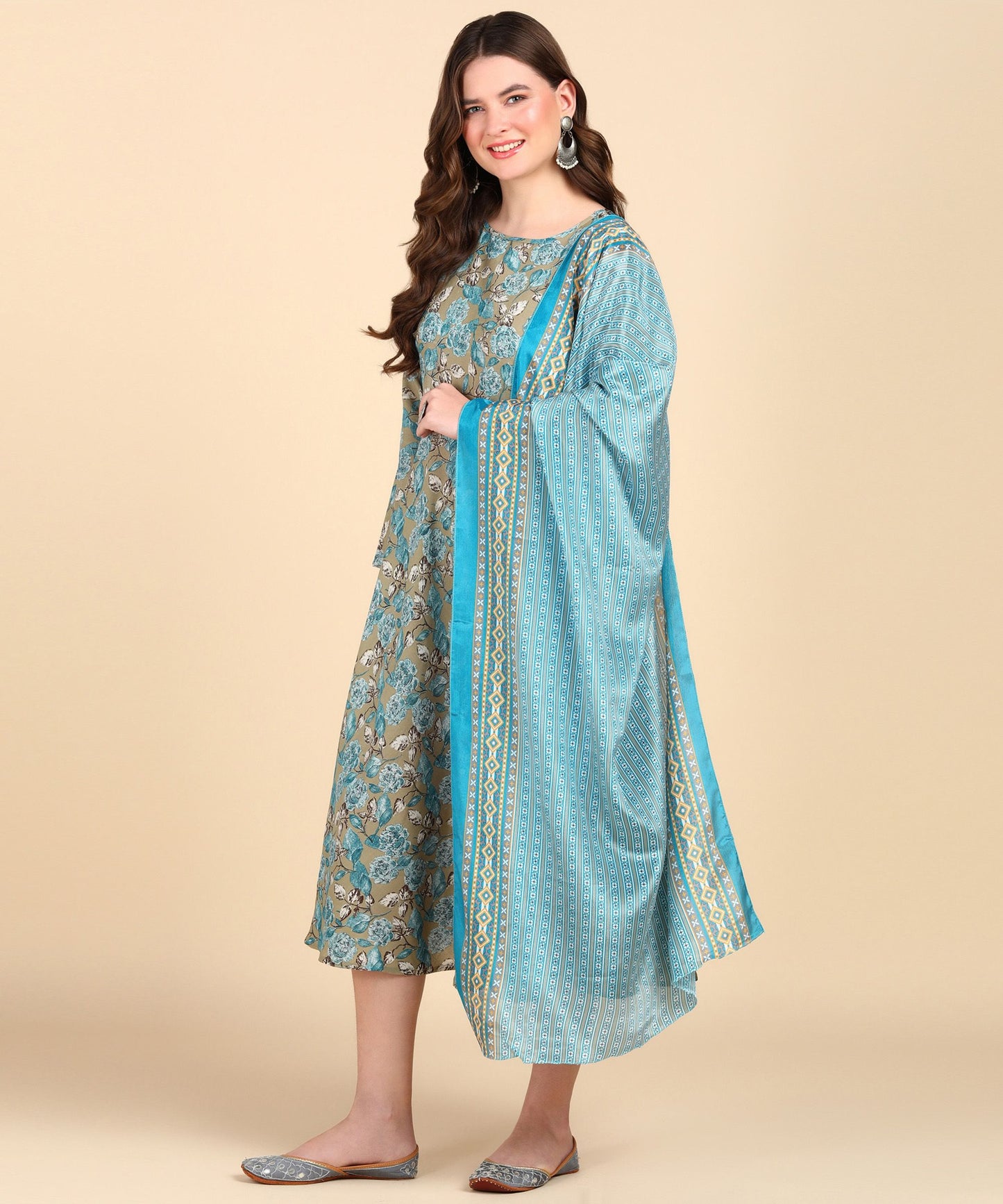 Women's Anarkali Cotton Printed Kurti With Dupatta Set