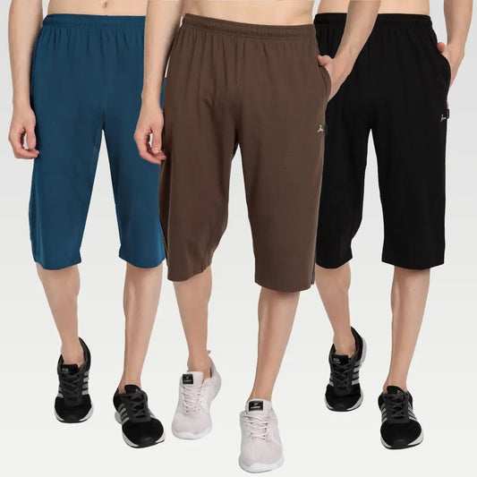 ZEFFIT Men's Regular Fit Cotton Blend Capri |Shorts Three Quarter| Comfort Three Fourths Pack Of 3 - Airforce, Coffee  Black